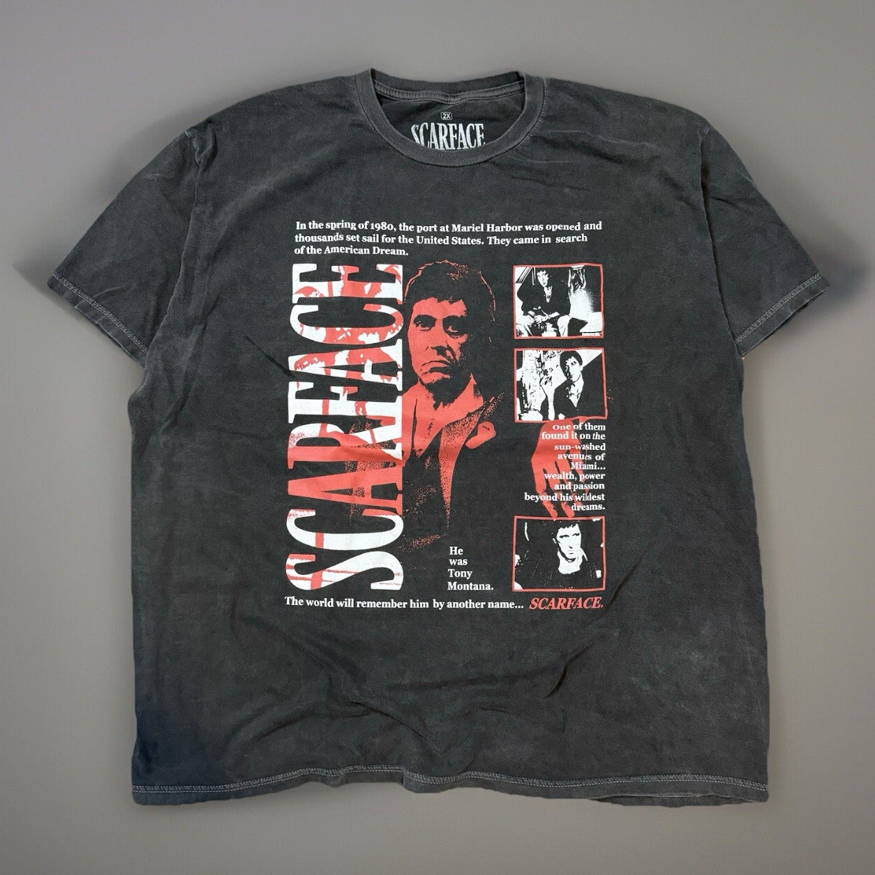 Scarface Tony Montana XXL Gray Faded Double-Sided Rap Movie Tee for Men-image
