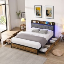 Queen Size Bed Frame, Storage Headboard w/ Charging Station  4 Storage Drawers