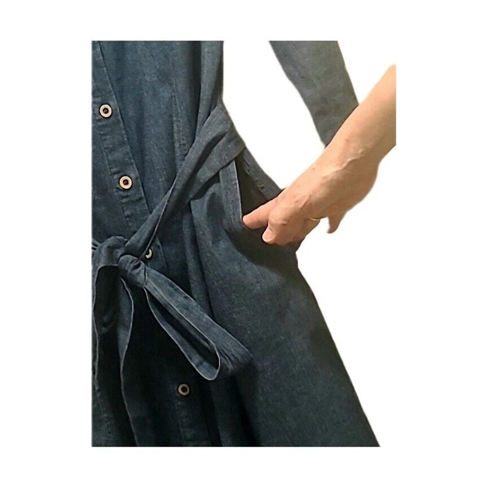 VESTIDO CAMISERO MIDI CON CINTURÓN ALGODÓN DENIM AZUL ANNE KLEIN Talla 10 Precio de venta sugerido por el fabricante $119 Foto 4 de 4