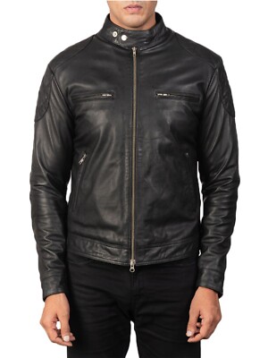 Men's Genuine Quilted Leather Jacket Biker Vintage Motorcycle Cafe Racer Black