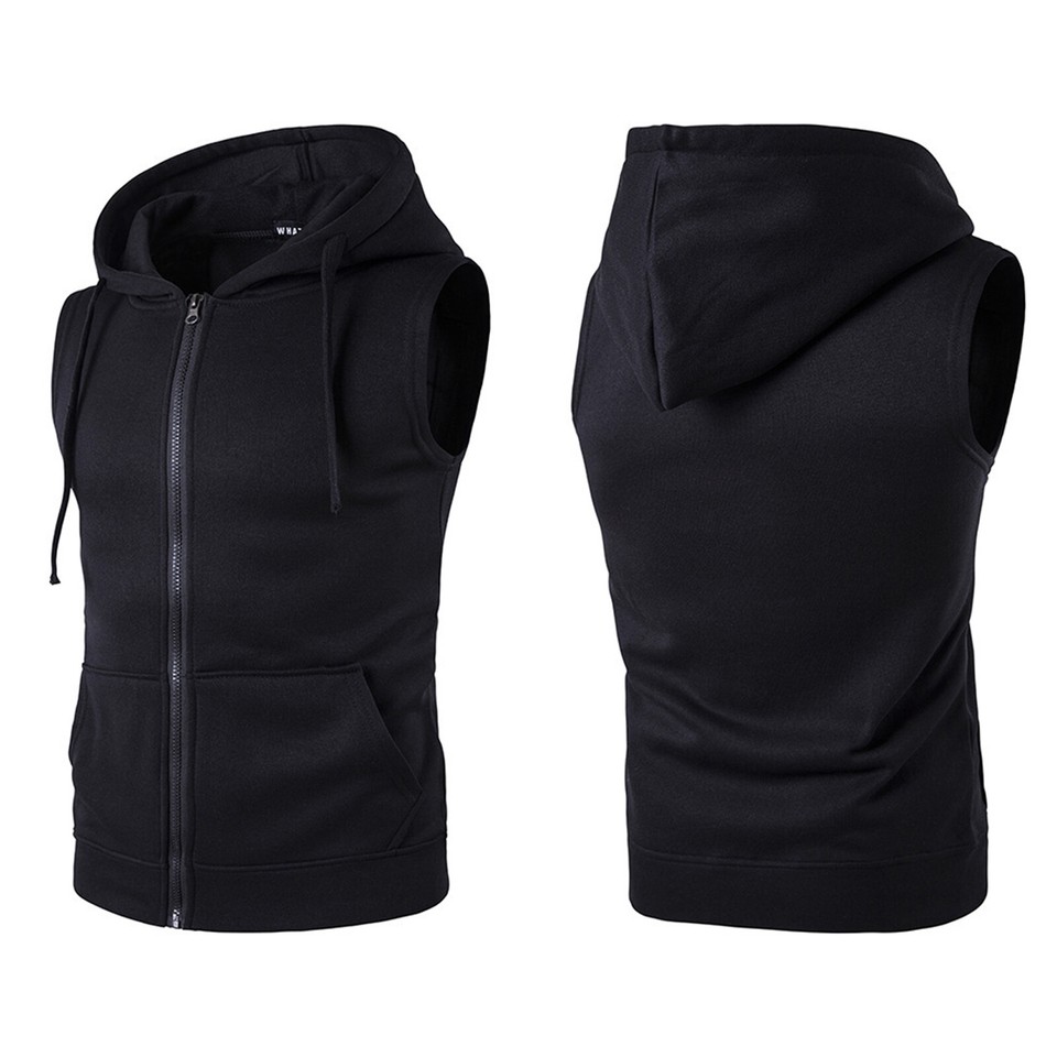 Men's Sleeveless Workout Hoodie Zipup Vests Gym Bodybuilding Hooded