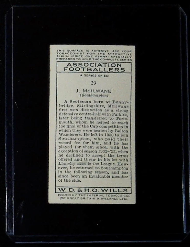 Tarjeta de tabaco de fútbol de Johnny McIlwane 1935-36 Wills's Association Footballers #29 Foto 2 de 2
