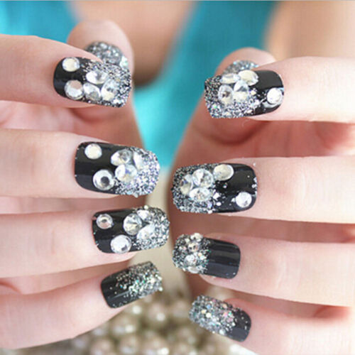 24 pièces faux ongles acryliques noirs couverture complète faux faux conseils nail art DS-ca - Photo 1 sur 6