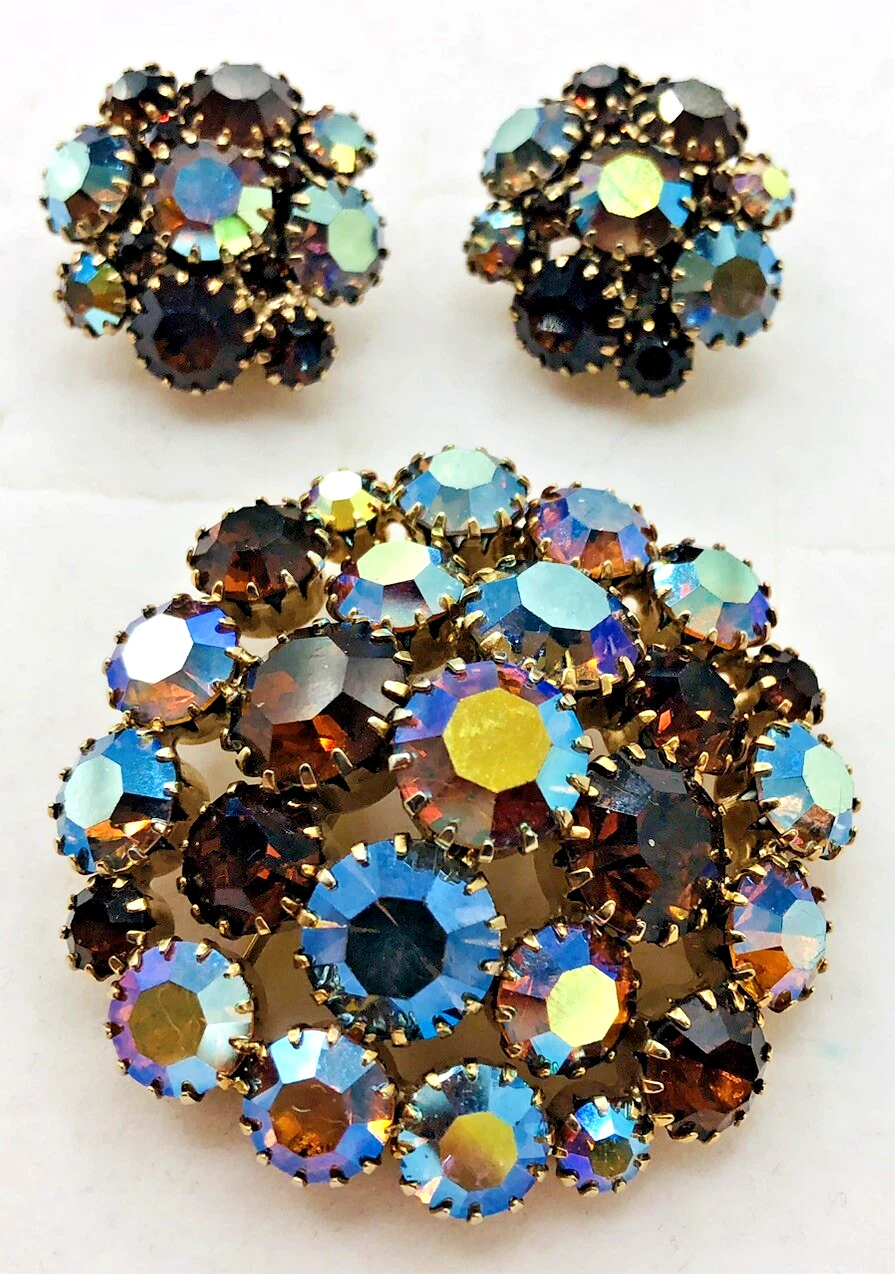 Vtg. DELIZZA & ELSTER Brooch & Clip Earrings Aurora Borealis Carnival Glass Look