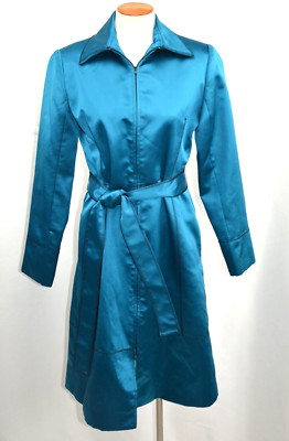 Citrine Blue Long Belted Jacket w/ Black Accent Stitching Women's Sz 6 Small