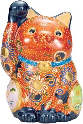 Maneki neko Kutani yaki porcelain Japanese Lucky cat Red Brown mori 8.26inch