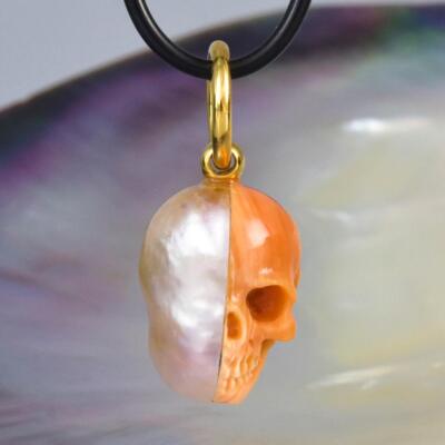 Skull IN Süd See Perle Anhänger Geschnitzter Aprikose Gehäuse & Vermeil