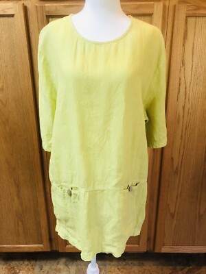 BOY BLUE Women s 100% LINEN Pullover Top Tunic Size Large L Yellow-Green Pockets