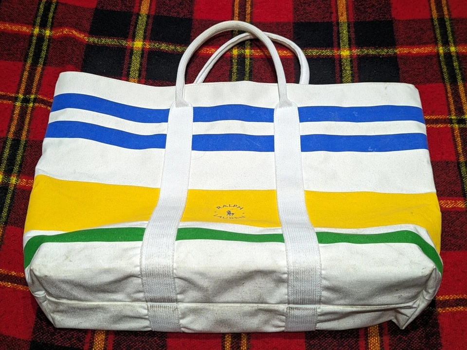 Vtg Ralph Lauren Striped Rugby Canvas Beach Tote Bag Cosmetic