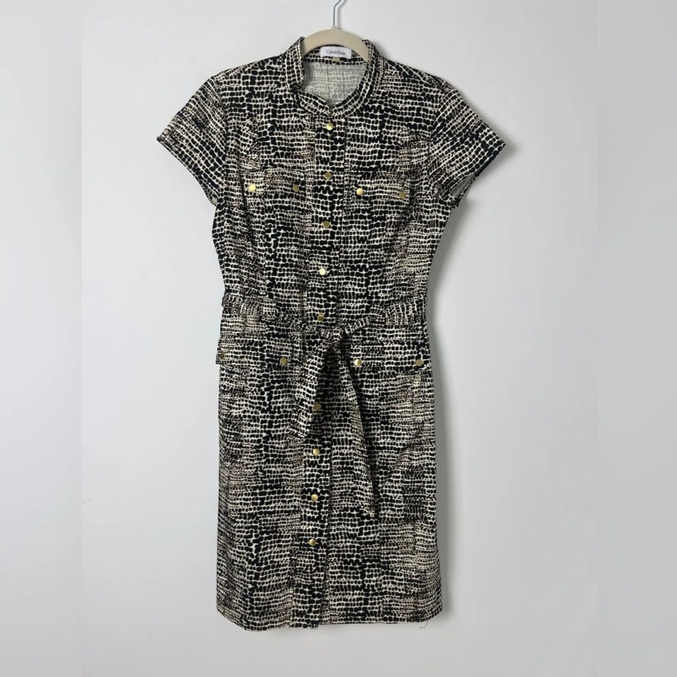 Calvin Klein Animal Print Safari Snap Front Belted Pockets Shift Dress Cotton 12 - Image 2 of 4