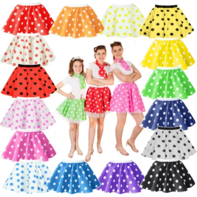 INSPIRED COSTUMES Girls POLKA skirt 12 inch length DOT ROCK N ROLL Skirt 50s FANCY DRESS COSTUME