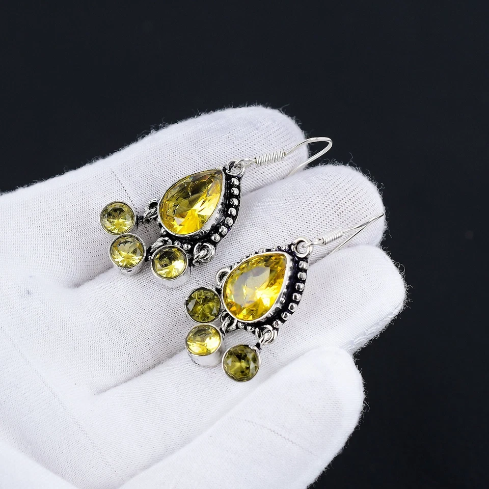 Citrino Multi Gemma Argento Fatto a Mano 925 Sterling Orecchini Per Women - Immagine 3 di 4