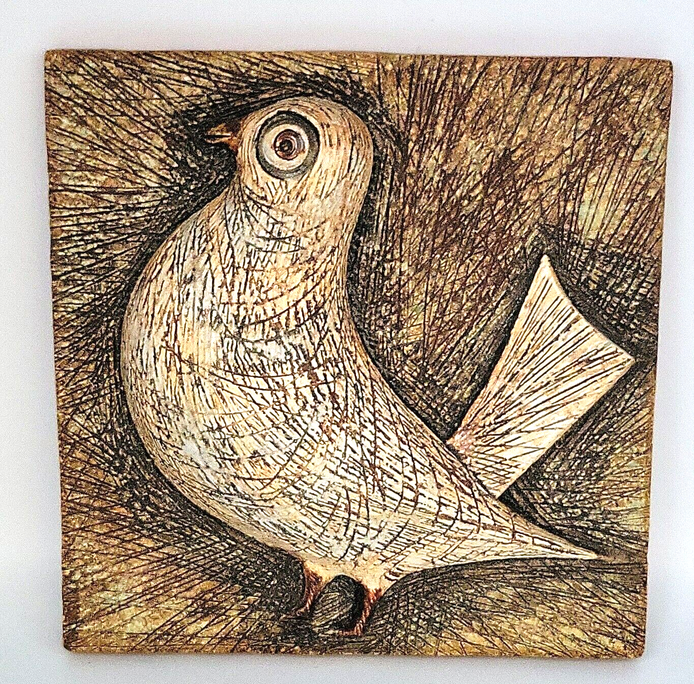 Decorative Ceramic Textured Glazed WallPlaque Tile W/3D Raised Dove/Pigeon Bird