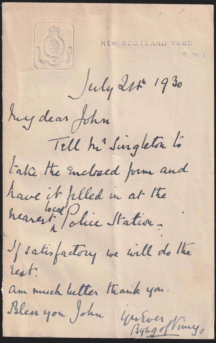 1930 NEW SCOTLAND YARD letter from the Commissioner, Viscount Bygn