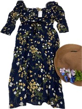 The Reformation Navy Botanical Off-Shoulder Dress Size 8(M)