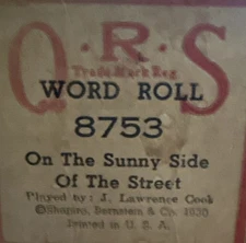 QRS Player Piano Word Roll 8753 On The Sunny Side Of The Street 