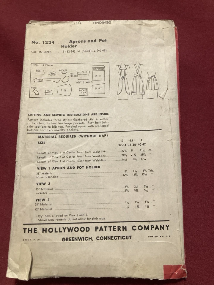 Hollywood Pattern Co Apron Bib Half Butcher Potholder Mitt S M L 1224 never used - Image 2 of 4