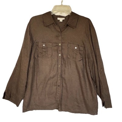 Charter Club Women s Shirt Button Down Linen Pockets Roll up Sleeves Brown  14W