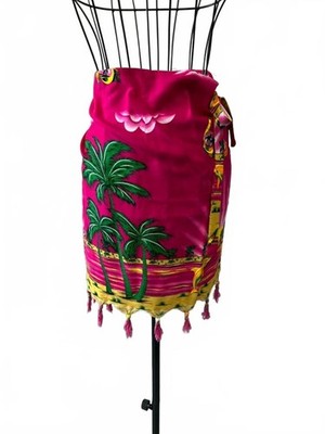 Vintage Ethnic Choice Tropical Palm Tree Wrap Sarong Skirt Pink Tassel Beach