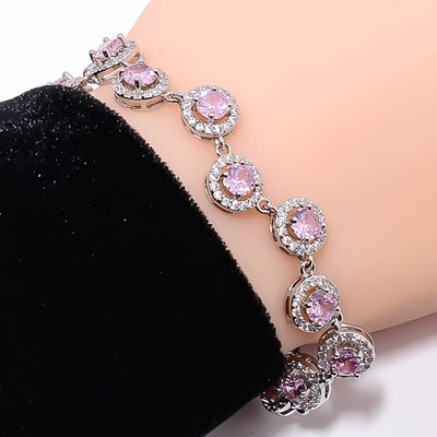 Pink Sapphire -Simulated, CZ 925 Sterling Silver Adjustable Bracelet 7-8'' B4910