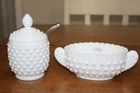 Vtg 2 Fenton White Hobnail Glass Condiment Jar w/ Spoon & Double Candy/ Nut Bowl