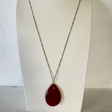 Vintage Red Teardrop Pendant Necklace Gold Tone Beaded Satellite Chain Statement