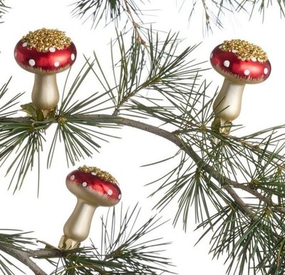 World Market Red Top Glass Mushroom Clips Christmas Festive Fungi 2.5  Set Of 6