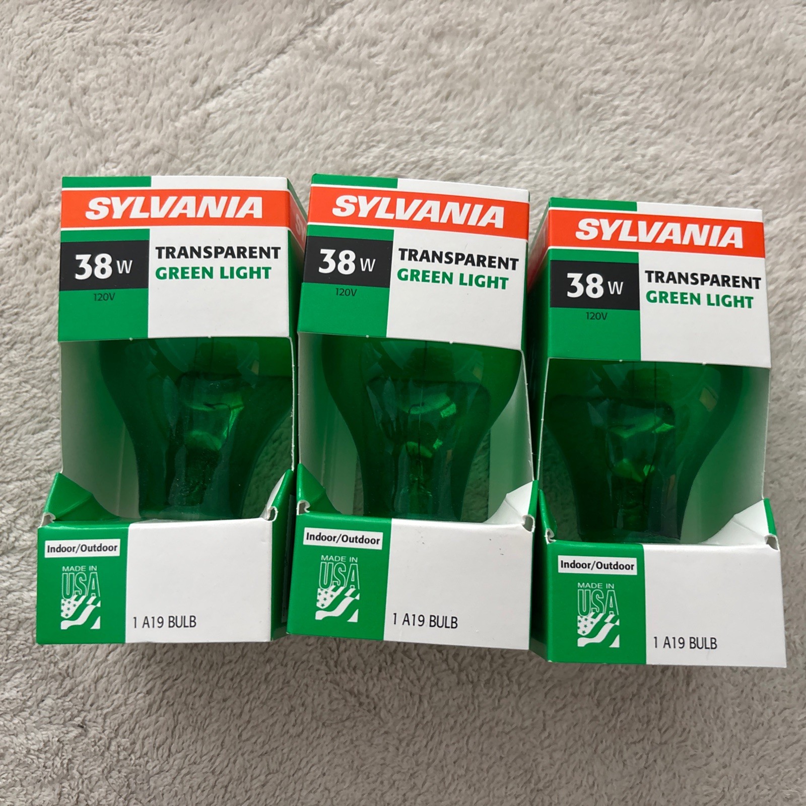 3 Green Light Bulbs- Sylvania 38 Watt Indoor/Outdoor -Brand 