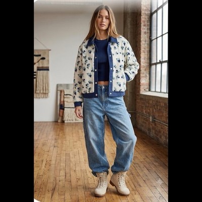 Butter Melon Plush Boho Cream Blue Floral Sherpa Button Cottagecore Jacket S