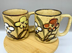 Vintage Pair Otigiri Japan Stoneware Coffee Mugs  Speckled Floral Flowers