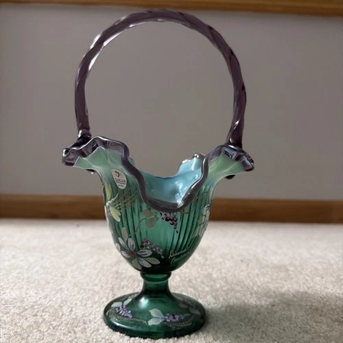 Fenton New Century XXI Collection 10.5" Amethyst & Green Flower Dragonfly Basket