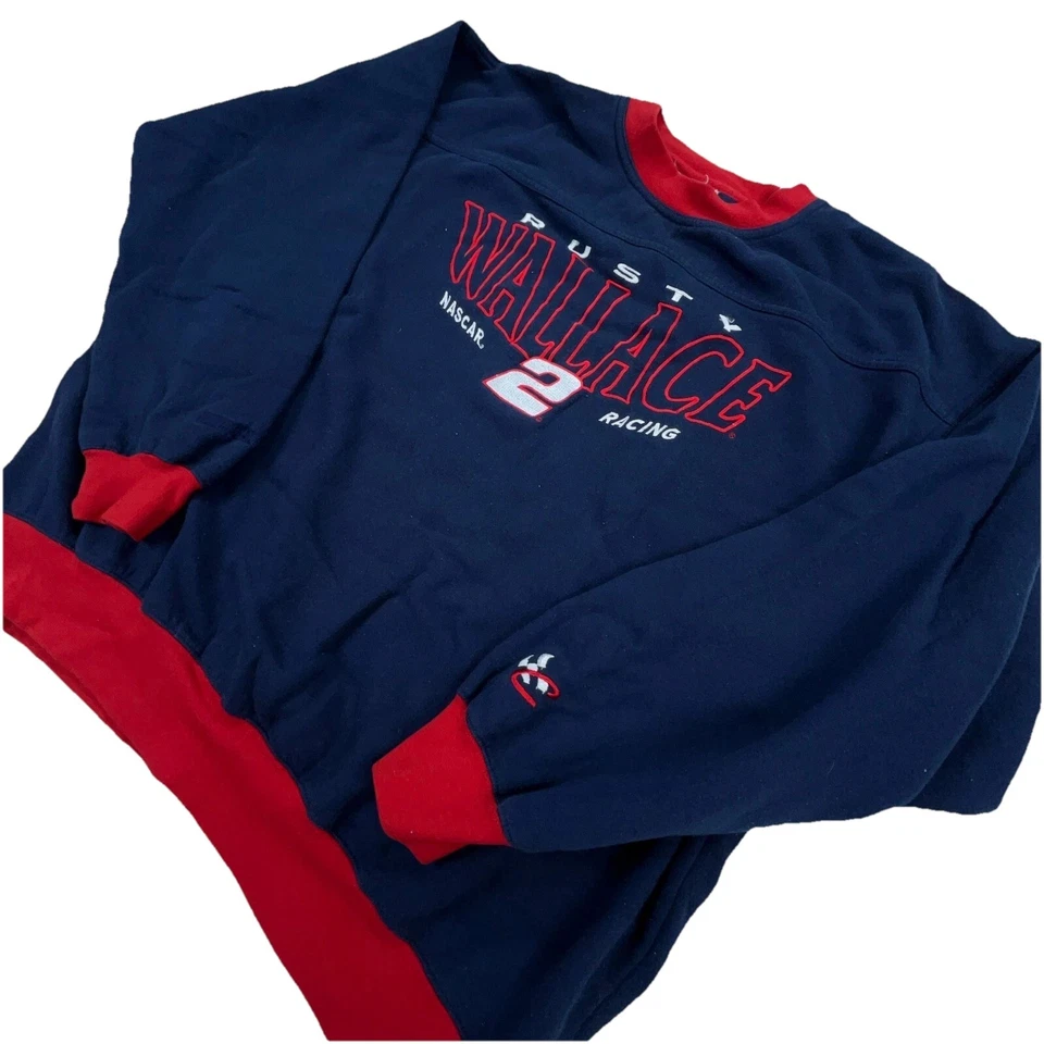 Moletom masculino vintage Nascar XL azul gola redonda suéter enferrujado Wallace anos 90 Y2K - Imagem 2 de 4