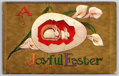 Holiday Easter~Rabbits In Egg Panorama~Gold Background~c1910 Postcard