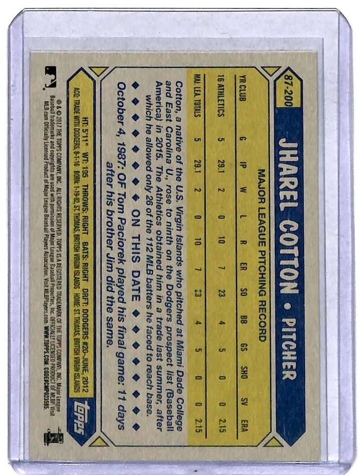 2017 Topps 1987 Baseball Jharel Cotton Rookie Oakland Athletics #87-200 - Image 2 of 2