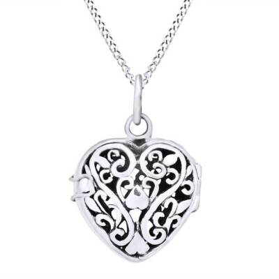 Romantic Filigree Heart Locket Pendant in 14K White Gold Plated Sterling Silver