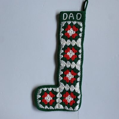 Crocheted Granny Square Christmas Stocking Dad Green Red 19  Long Hand Made EUC