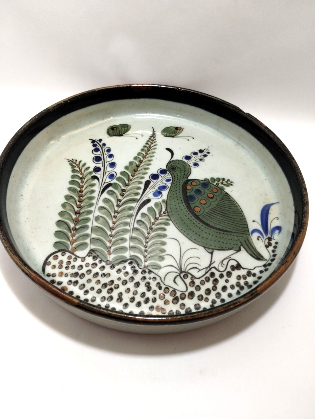 KEN EDWARDS~Tonala~Mexican Pottery~Round Dish~Platter~Green Quail Floral 10"