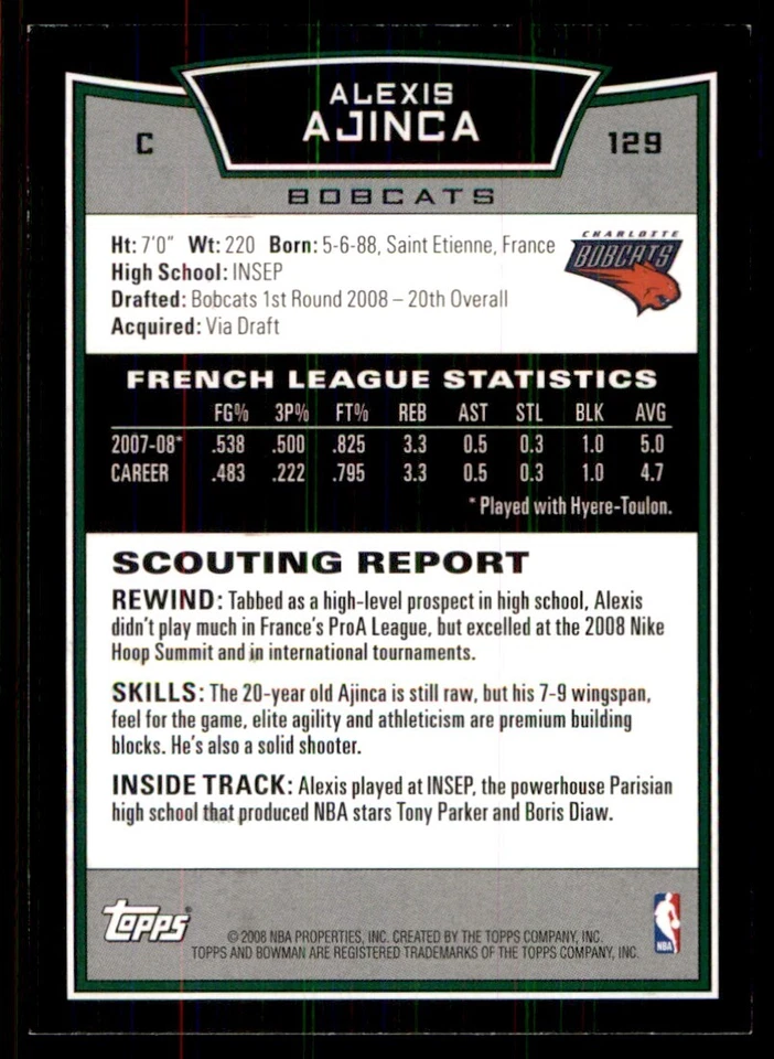 2008-09 Bowman Alexis Ajinca RC Charlotte Bobcats #129 - Image 2 of 2