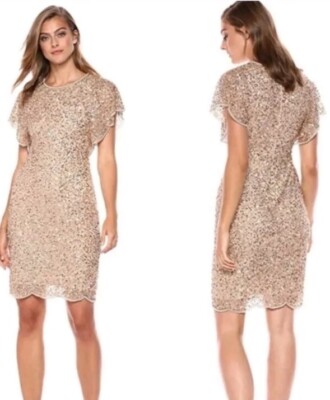 Adrianna Papell Gold Champagne Sequin Flutter Sleeve Cocktail Gown Dress  Size 10 | eBay