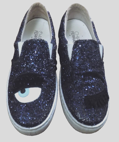 CHIARA FERRAGNI Flirting Eye Wink Lashes Glitter Sparkle Sneakers Navy Sz 8.5 39