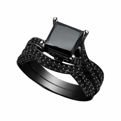 2.38 ct Black Princess Diamond Bridal Set Black Silver Lab Created Classic Ring