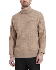 Kallspin Men's Wool Blend Cable-Knit Turtle Neck Sweater Coffee Size L