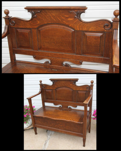 Antique Raised Panel Quarter Sawn Oak Courting Deacon's Bench wBeading & Carving