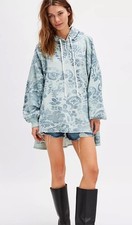 Free People Magpie Sweatshirt Hood Faded Floral Print Oversize Ice Combo XS NEW