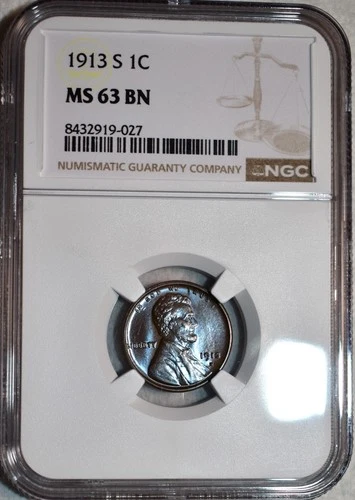 NGC MS-63 BN 1913-S Lincoln Cent, Superbly Struck & Beautifully Toned!