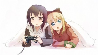 Anime girls two women controllers gamer open mouth Custom Gaming Mat Desk