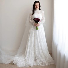 Elegant A-Line Wedding Dresses High Neck Long Sleeves Lace Applique Bridal Gowns