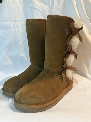 Koolaburra by UGG Women s Brown Suede Knee-High Pull-On Boots Bow Fur Trim