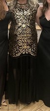 Womens 1920s Sequined Long Dress Size XXL Black Gold Art Deco Gown Formal Gatsby