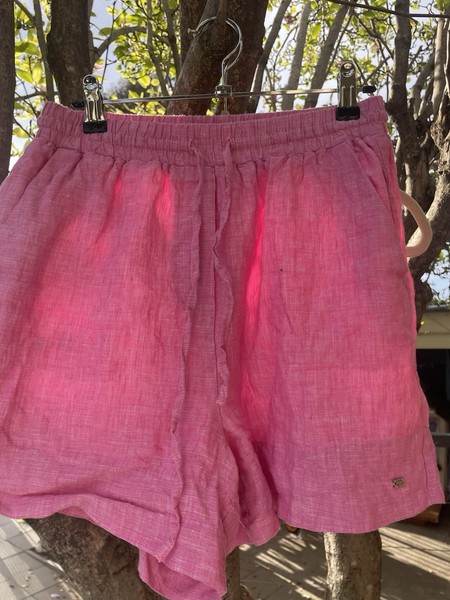 Shanda Women’s Pink Linen Casual Shorts S Drawstring Elastic Waist Relaxed